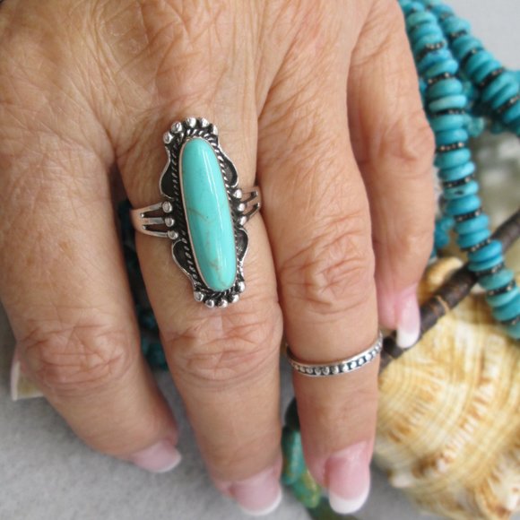 Native American 925 Sterling & Turquoise Elongated Oval Ring, Turquoise Ring - Picture 4 of 13